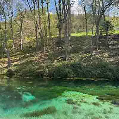 Nahaufnahme der Blauen Quelle in Erl mit Blick auf den hell leuchtenden, türkisfarbenen Grund und den angrenzenden bewaldeten Hang.