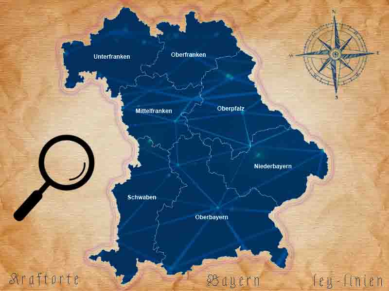 Eine stilisierte Karte von Bayern, die seine sieben Regierungsbezirke auf einem antiken, pergamentartigen Hintergrund zeigt. Die dunkelblaue Karte ist mit einem leuchtenden blauen Netzwerk aus Ley-Linien und Knotenpunkten überlagert.